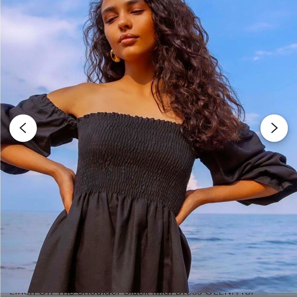 Wayf Black Smocked Off-Shoulder Mini Dress